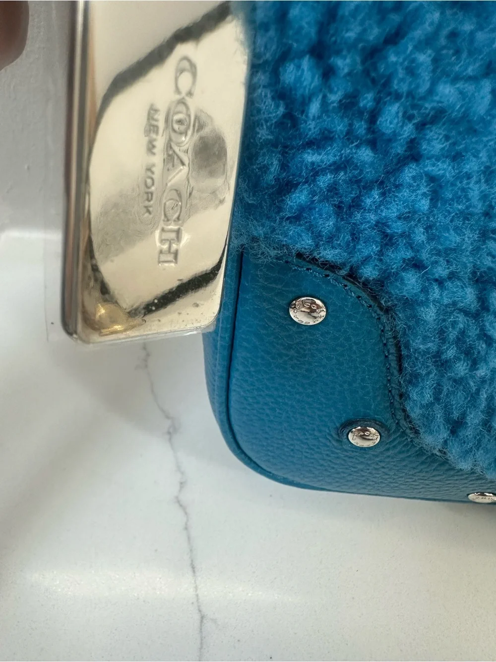 Coach 36490 Shearling w/Leather small Rhyder Pochette Peacock/Blue Crossbody NWT